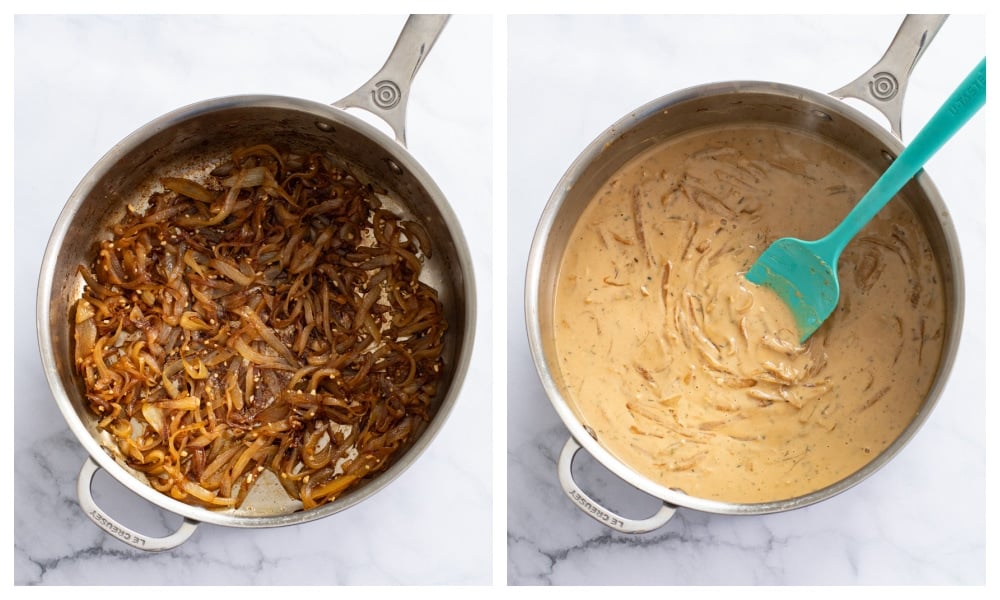 A skillet of caramelized onions next to a skillet of French onion sauce.