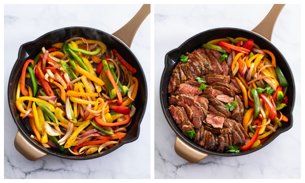 A skillet with cooked onions and peppers next to a skillet of Steak Fajitas.