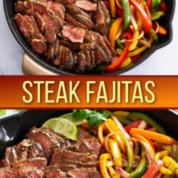 A collage of Steak Fajitas in a skillet with onions, peppers, and steak.