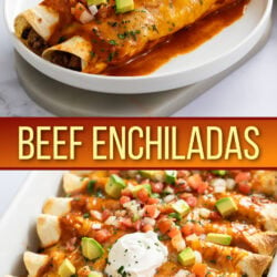 A collage of Beef Enchiladas on a white plate and in a casserole dish.