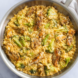 A skillet of Chicken and Orzo with Broccoli in a creamy cheese sauce.