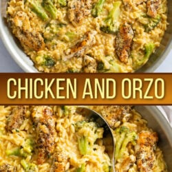 A collage of Chicken and Orzo in a skillet with broccoli and a creamy cheese sauce.