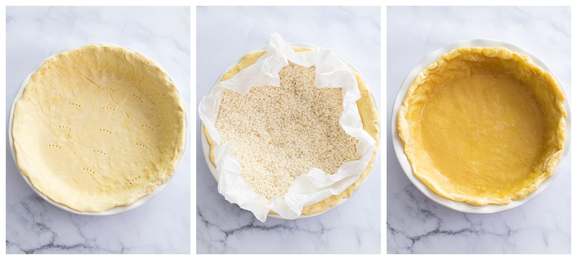 A pie crust during the stages of being blind baked with rice in the middle.