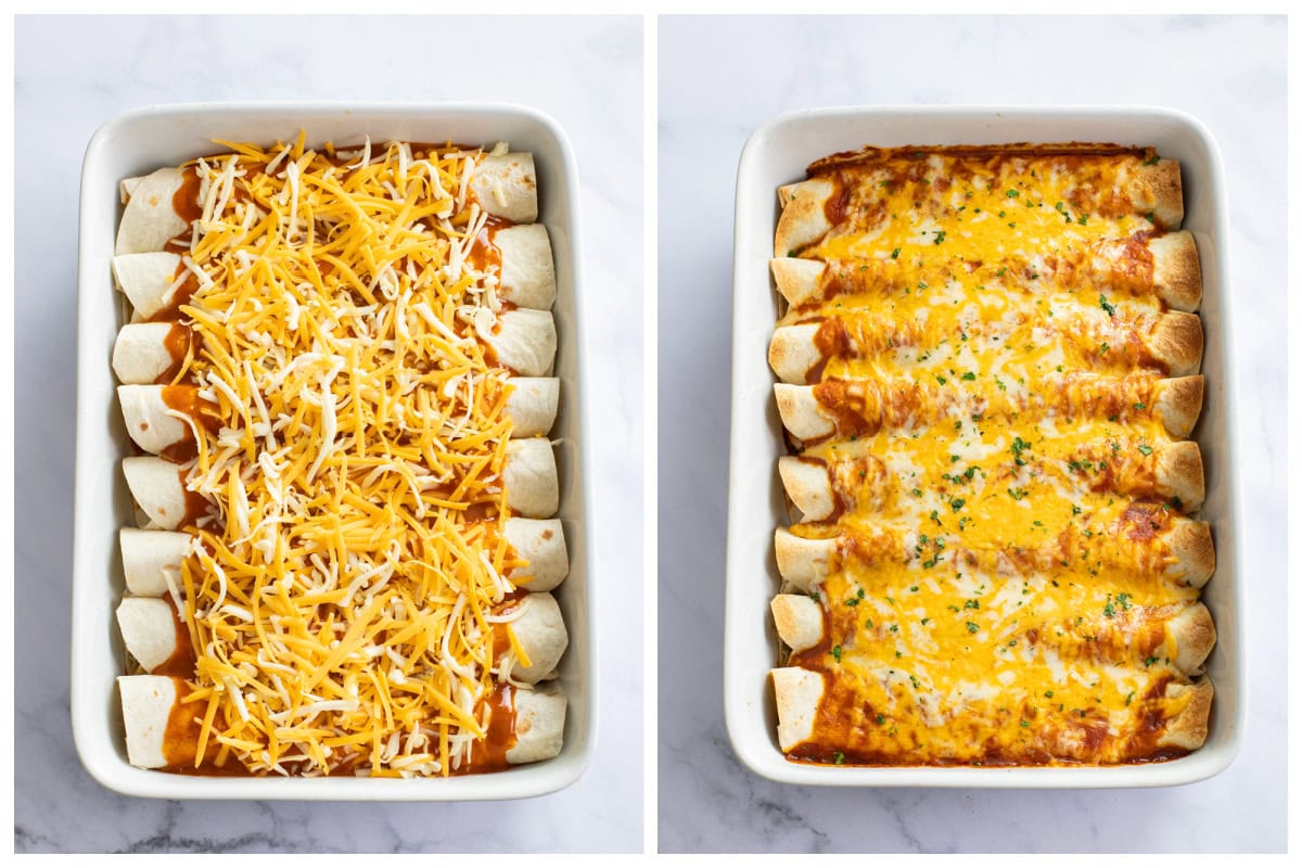 Beef Enchiladas in a white casserole dish before and after being baked.