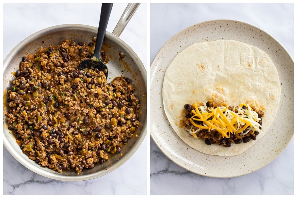 A skillet of ground beef filling for enchiladas next to a tortilla with filling on it before being rolled.