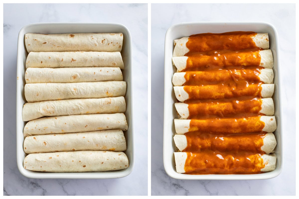 Beef Enchiladas in a white casserole dish before and after being topped with enchilada sauce.