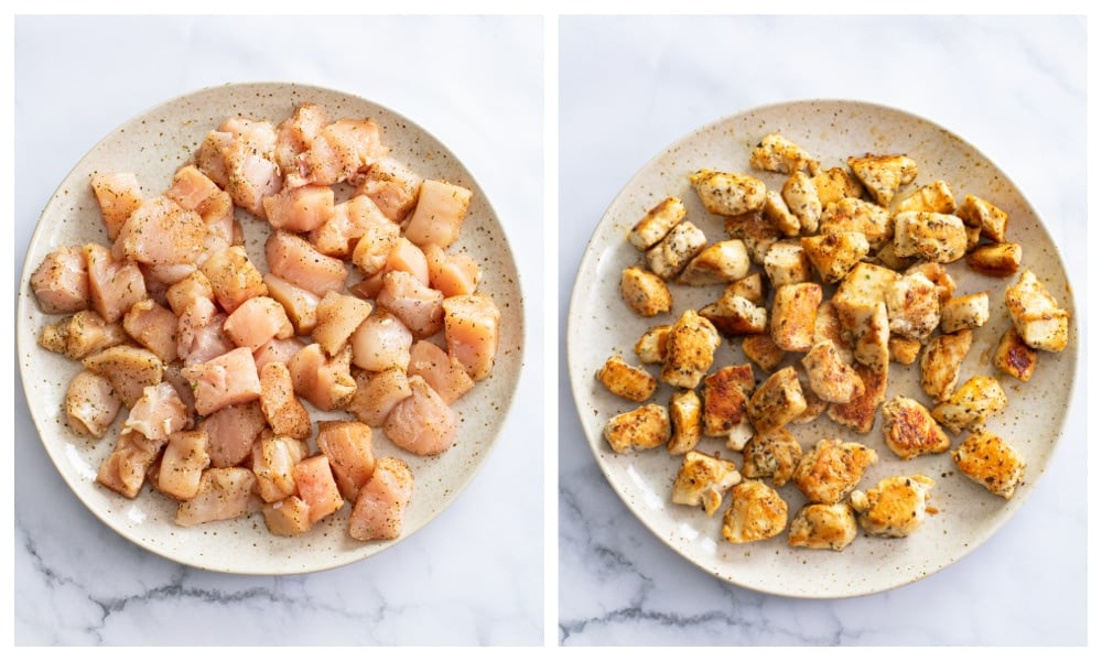A plate of seasoned bites of chicken before and after being seared.