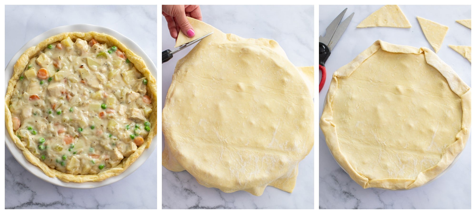 Covering Chicken Pot Pie with a Pie Crust and folding up the sides of the crust.