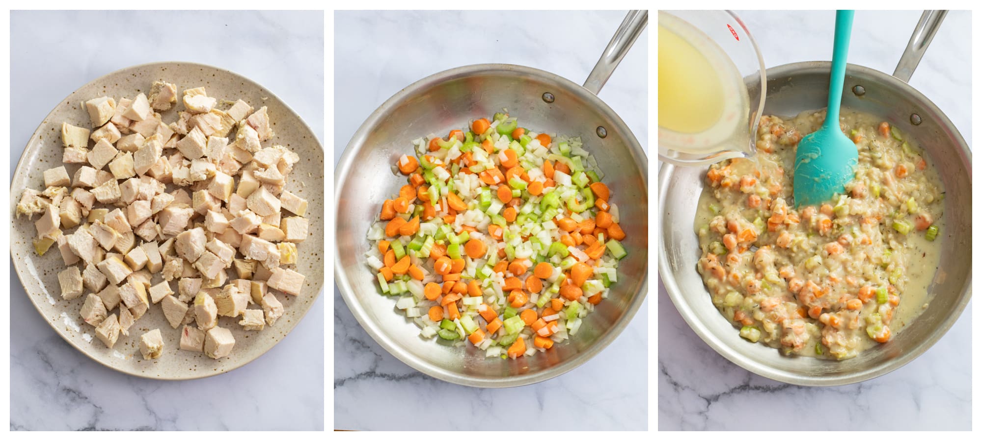 A plate of cooked cubes of chicken next to a skillet of mirepoix with flour and broth being added to make pot pie filling.