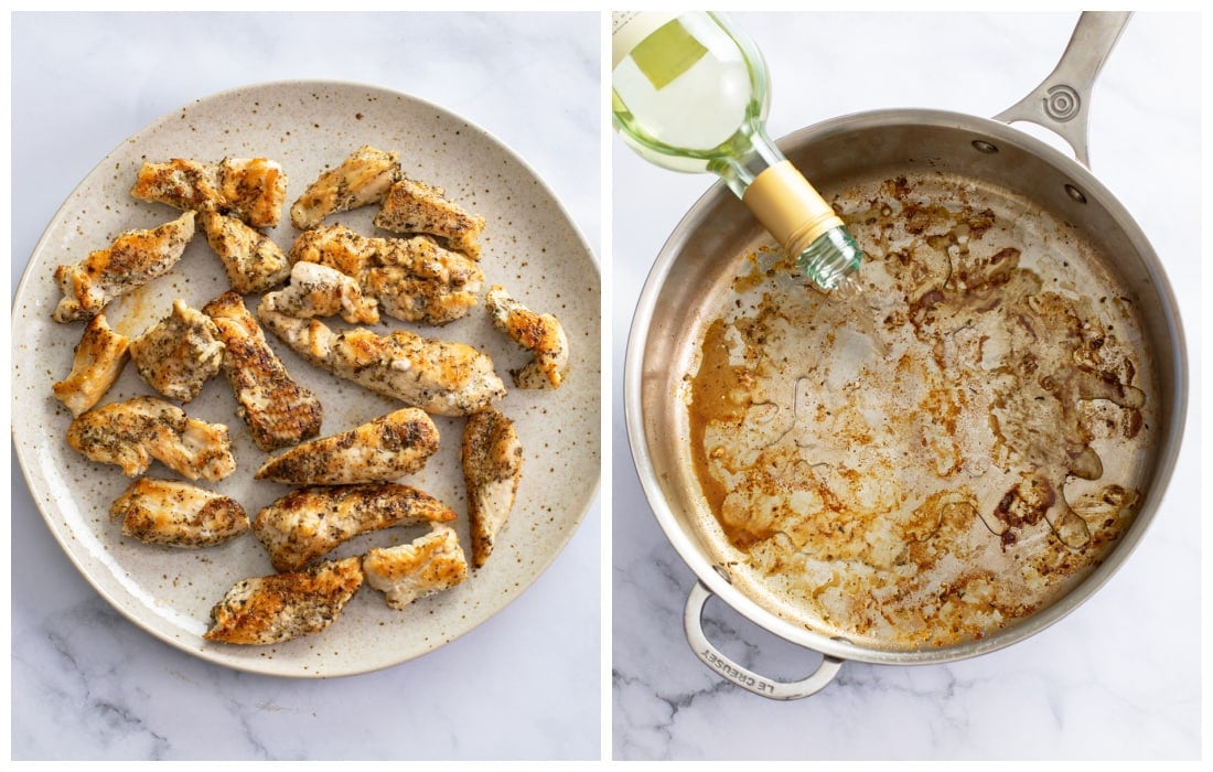A plate of cooked chicken strips next to a skillet being deglazed with white wine.
