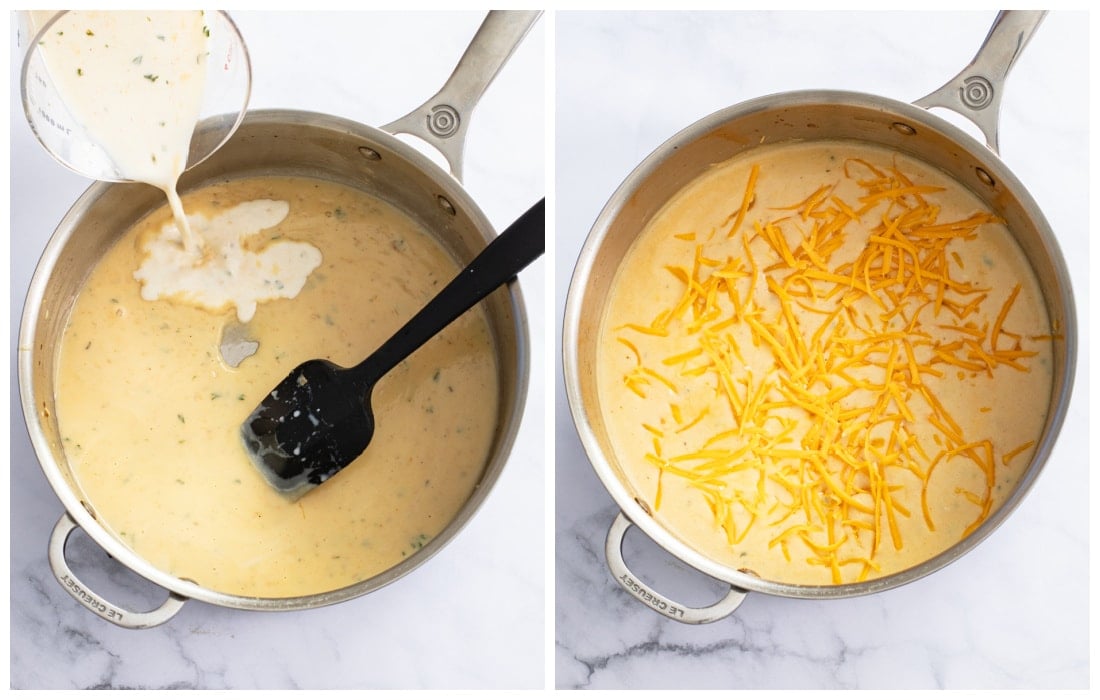 Making a cream cheese sauce by adding broth, half and half, and shredded cheese to a skillet.