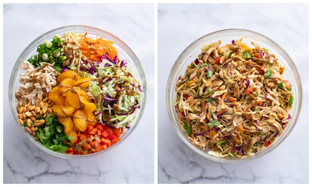 Thai Chicken Salad before and after mixing it together with the dressing.