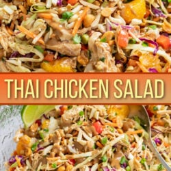 A collage of Thai Chicken Salad in a bowl with shredded chicken, cabbage, and peanut dressing.