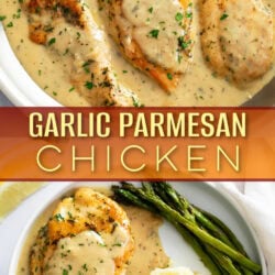 A collage of Garlic Parmesan Chicken in a skillet and on a plate.
