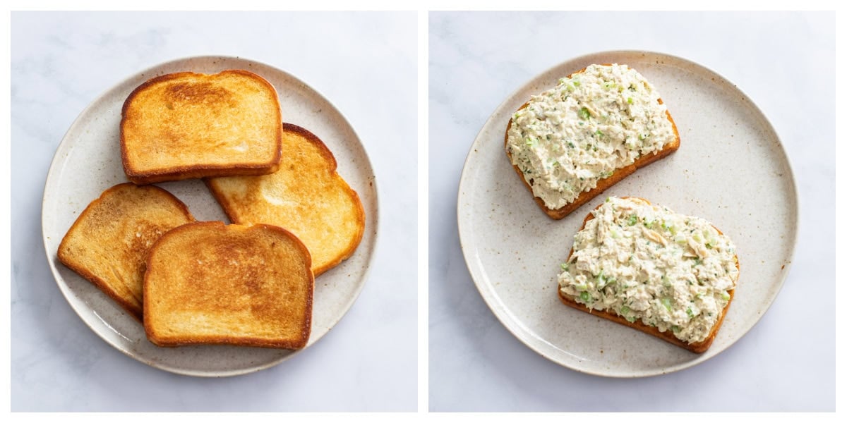 A plate of toasted bread next to a plate with tuna salad spread on top of bread.