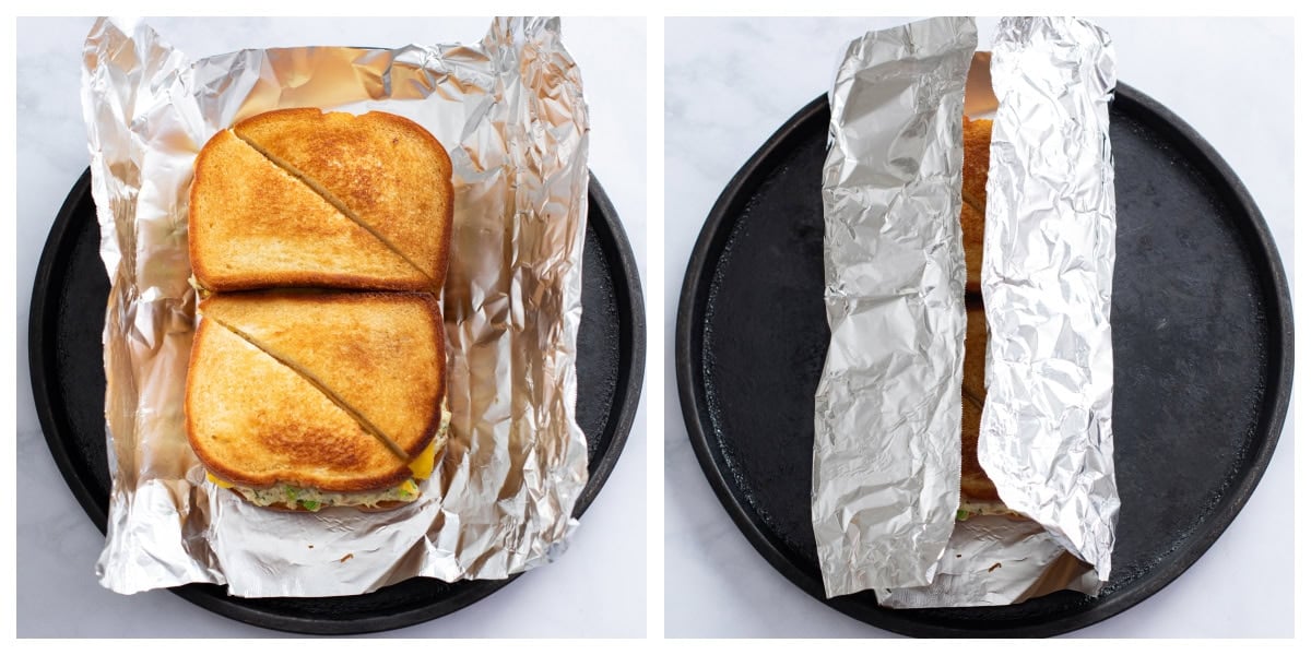 Tuna Melts on top of a foil lined baking sheet before and after folding foil over the top.