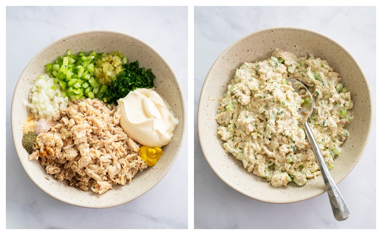 Tuna Salad ingredients in a bowl before and after being mixed together.