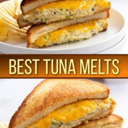 A collage of Tuna Melts Stacked on top of each other.