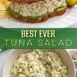 A collage of Tuna Salad in a sandwich and in a bowl with a spoon.