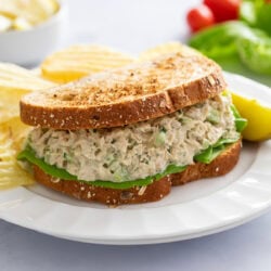 A Tuna Salad Sandwich with toasted bread on a white plate with a pickle and chips in the background.