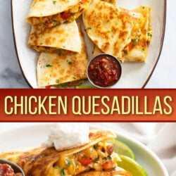 A collage of Chicken Quesadillas on a platter and on a white plate.