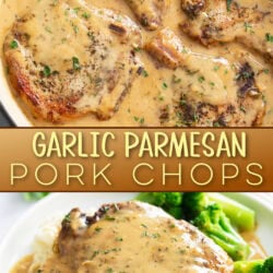 A collage of Garlic Parmesan Pork Chops in a skillet and on a plate.