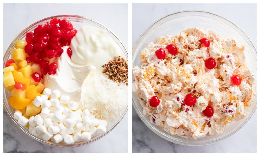 A glass bowl with ingredients for Ambrosia Salad before and after being mixed.