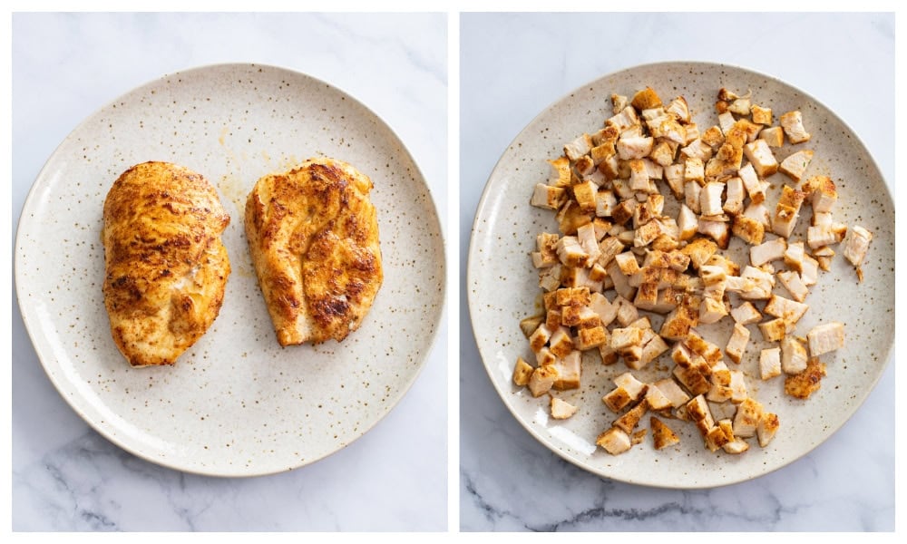 Seasoned chicken breast on a plate before and after being diced.