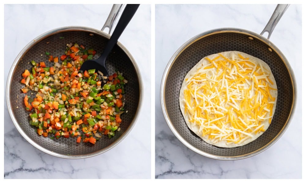 A skillet with diced onions and peppers next to a skillet with a tortilla topped with Mexican cheese.