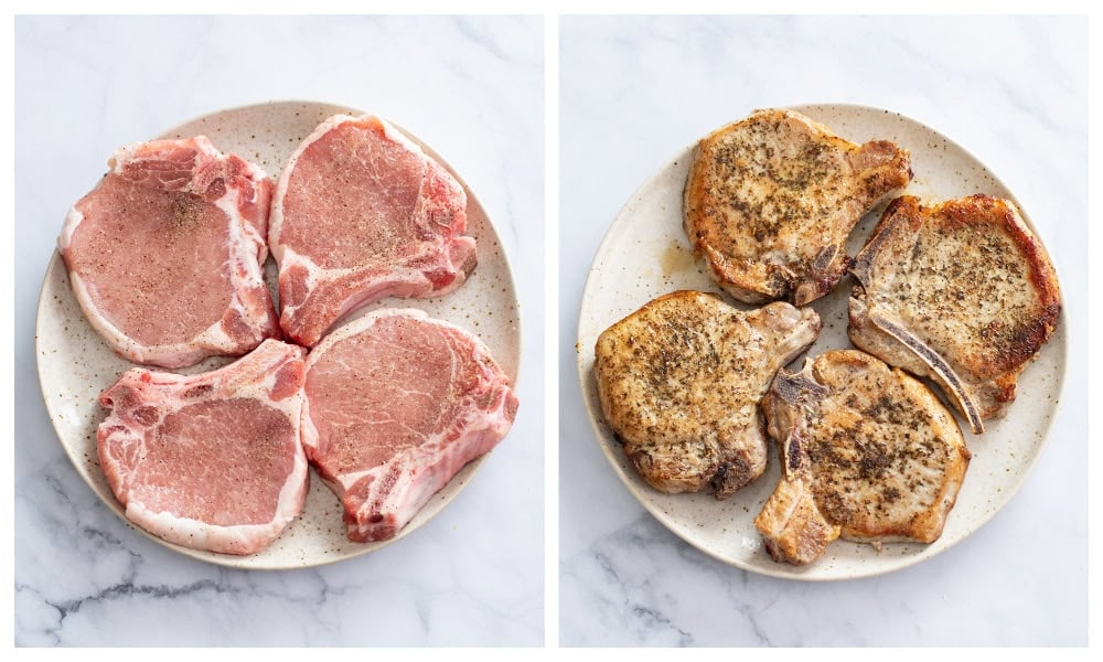 A plate of pork chops before and after being seared.