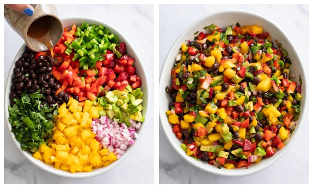 Mango Salsa in a white bowl before and after being tossed with dressing.