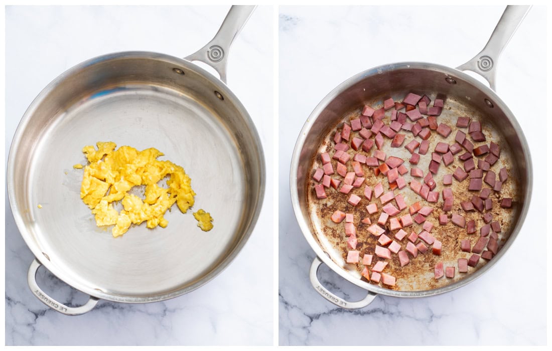 A skillet of scrambled eggs next to a skillet of diced ham.