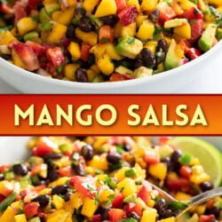 A collage of Mango Salsa in a white bowl.