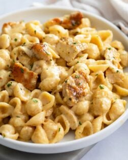 Side view of Chicken Mac and Cheese on a white plate.