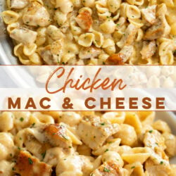 A collage of Chicken Mac and Cheese in a skillet and on a plate.