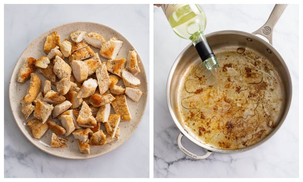 A plate of cooked bites of chicken next to a skillet being deglazed with white wine.