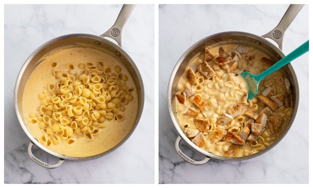 Adding small shell pasta and chicken to a cheese sauce for Chicken Mac and Cheese.