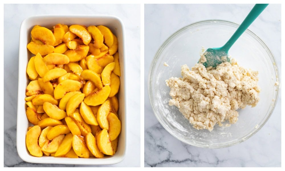 A casserole dish of sliced peaches next to a glass bowl of biscuit dough.