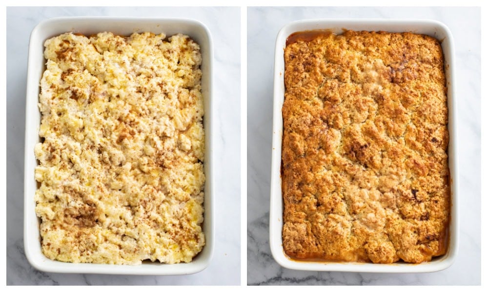 Peach Cobbler before and after being baked.