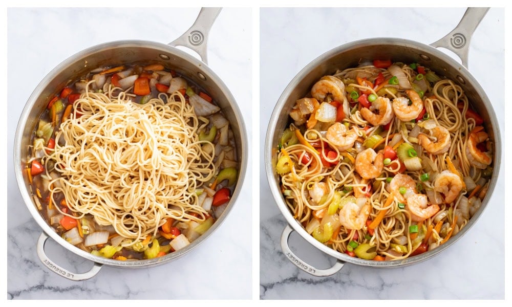 Adding noodles and cooked shrimp to make Shrimp Lo Mein.