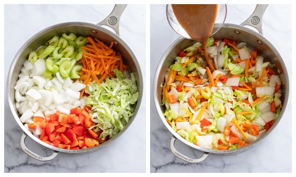 Vegetables in a skillet with sauce being added to make Shrimp Lo Mein.