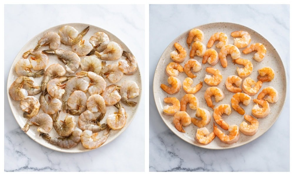 A plate of uncooked shrimp with shells and tails next to a plate of peeled and cooked shrimp.