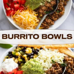 A collage of burrito bowls in a white bowl with beef, rice, cheese, beans, sour cream, and tomatoes.