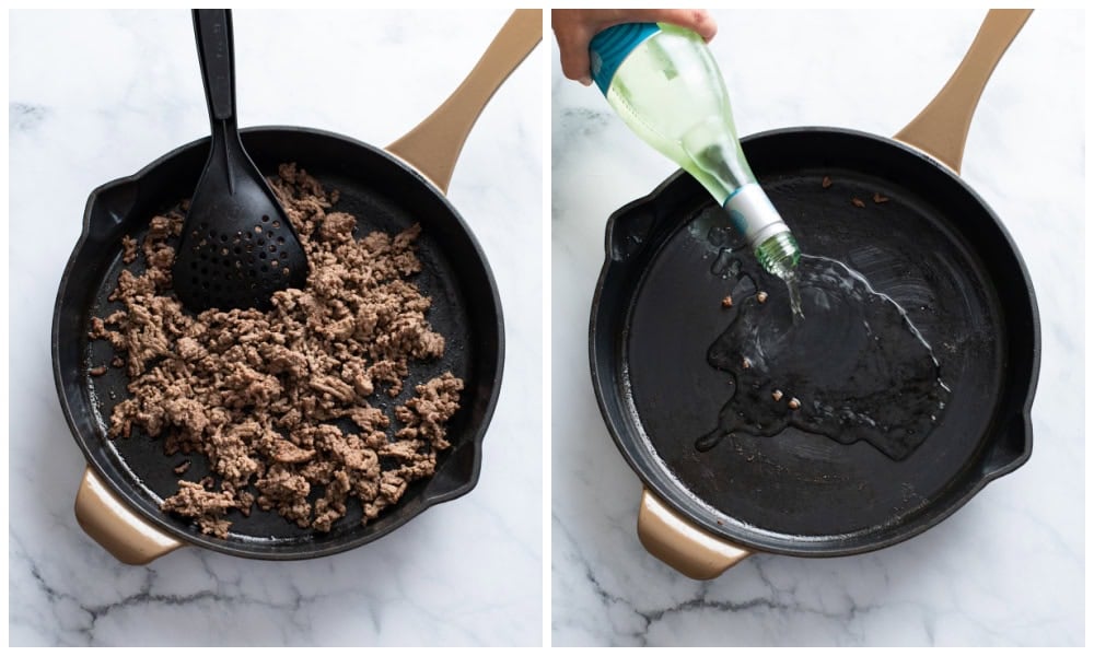 A skillet with cooked ground beef next to a skillet being deglazed with white wine.