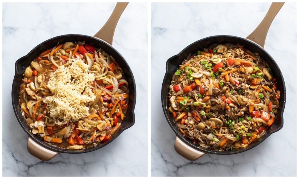 Adding ramen noodles to a skillet of stir fry to make Beef Ramen Noodles.