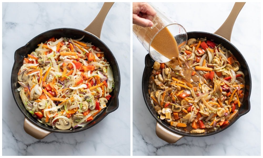 Adding vegetables and sauce to a skillet to make Beef Ramen Noodles.