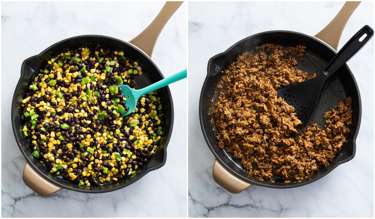 A skillet of cooked black beans, corn, and jalapenos next to a skillet of seasoned ground beef.