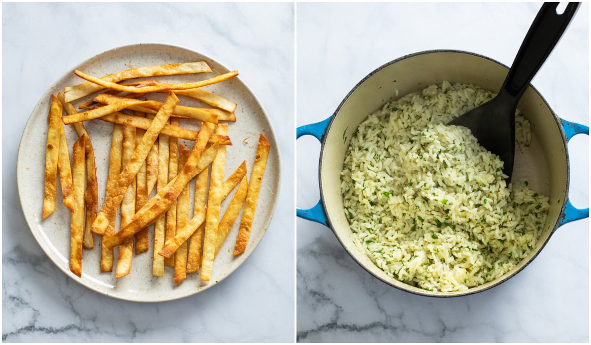 A plate of fried tortilla strips next to a pot of cooked cilantro lime rice.