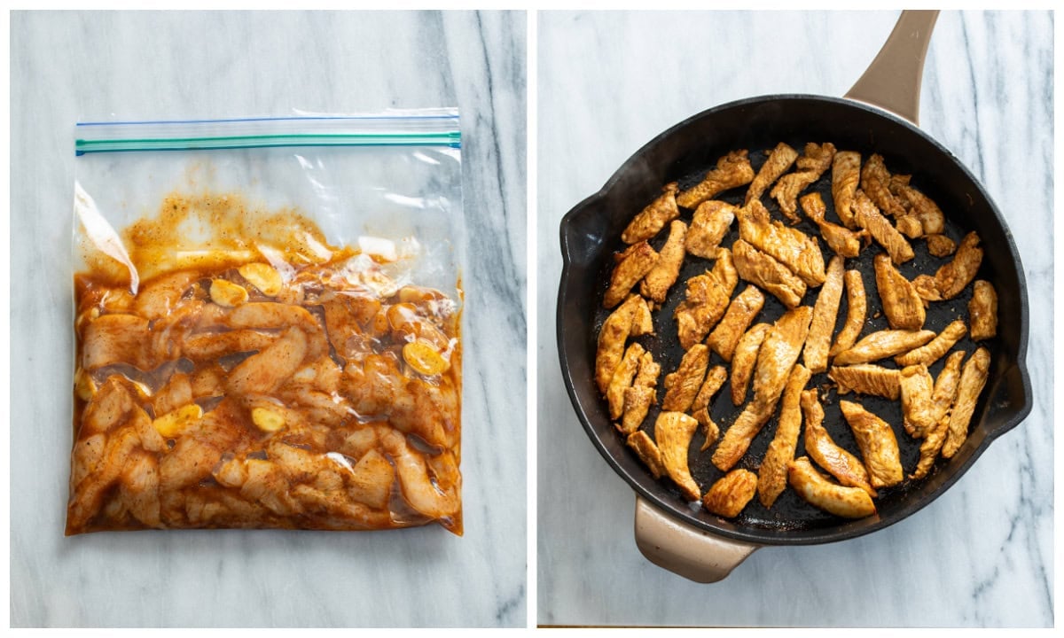 A bag of of seasoned chicken marinating in a freezer bag next to a skillet of cooked chicken strips for Fajitas.