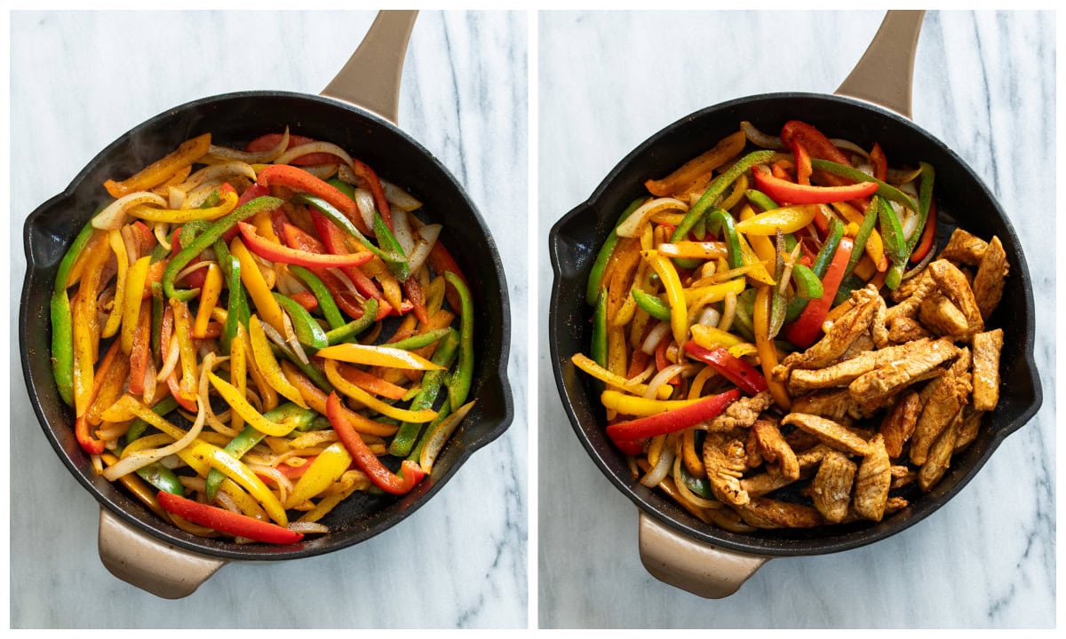 A skillet of cooked bell peppers next to a skillet of Chicken Strips and Bell Peppers for Chicken Fajitas.